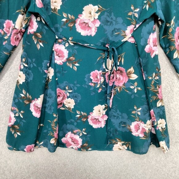 Torrid Harper Blouse Wmns Sz 2 Georgette Teal Floral Long Sleeve Back Tie V-Neck - Picture 11 of 12